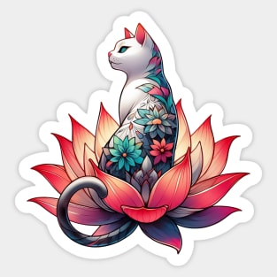 White cat with flower tattoo in lotus Sticker